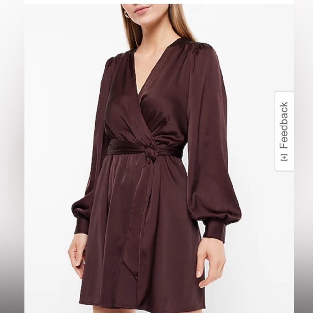 Express Satin Long Sleeve Wrap Dress in Deep Plum
